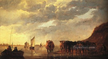  cows Works - herdsman With Cows By A River countryside scenery painter Aelbert Cuyp